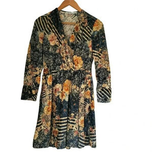 Zara Basics Boho Crushed Velvet Floral Patchwork Print V-Neck Mini Dress Size S